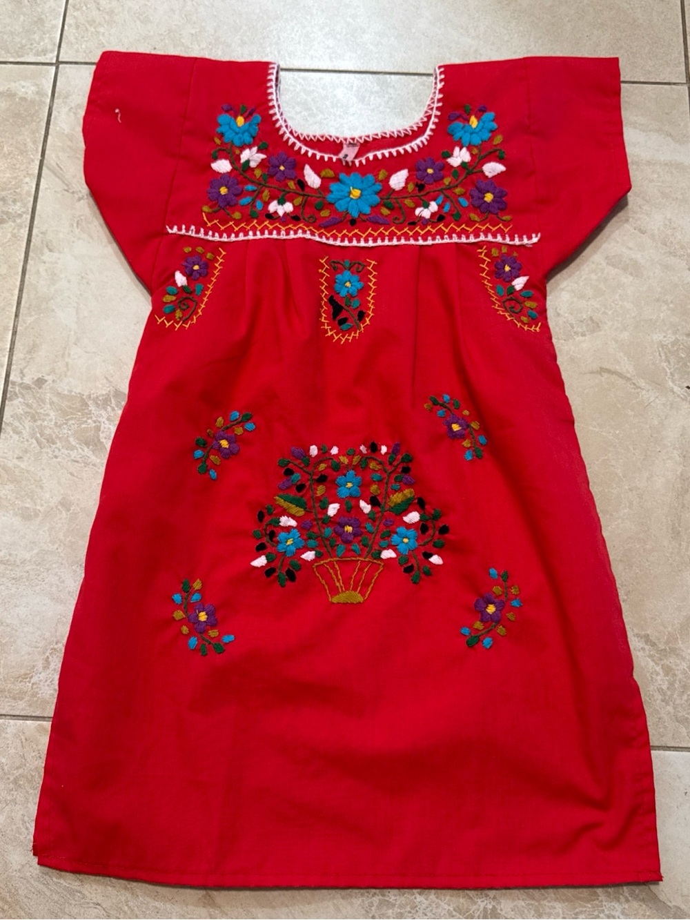 Girls' Red Embroidered Casual Dress